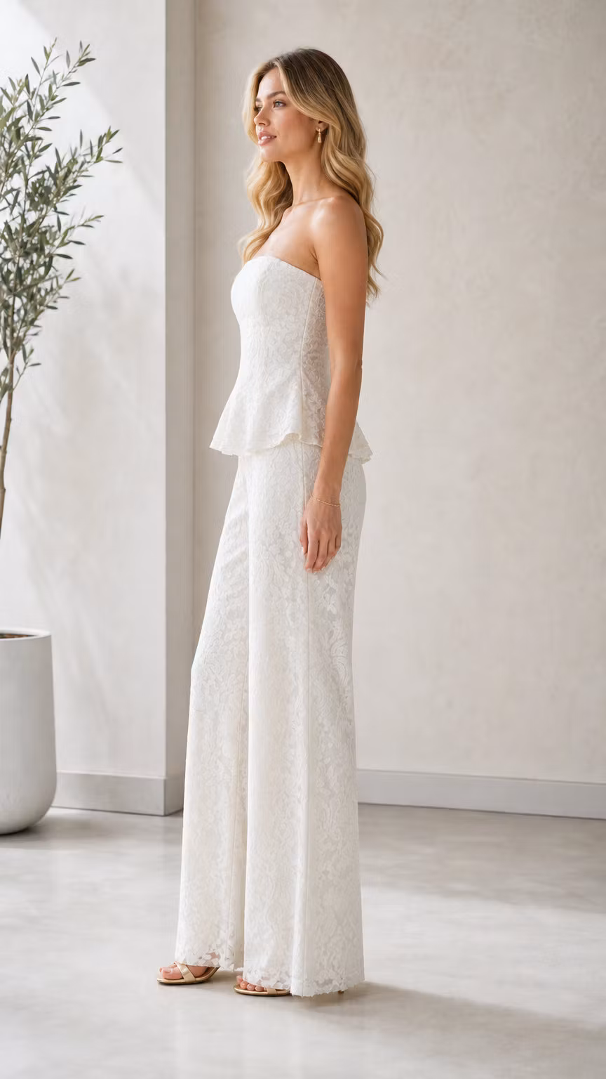 Strapless Floral Lace Peplum Wide-Leg Jumpsuit - ellahollywood