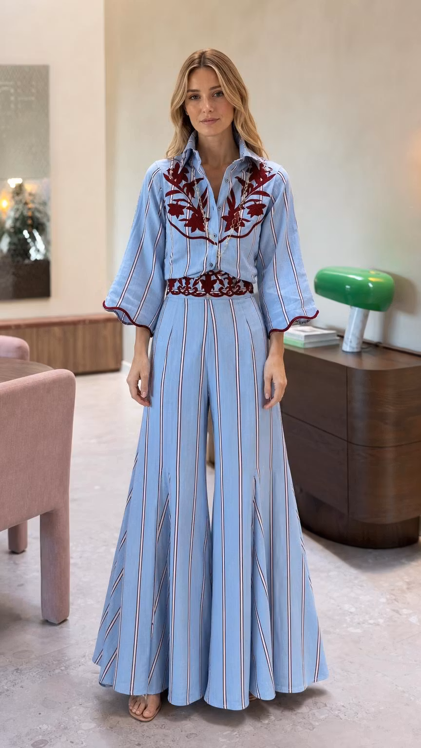 Striped Embroidered Long Sleeve Wide Leg Jumpsuit - ellahollywood
